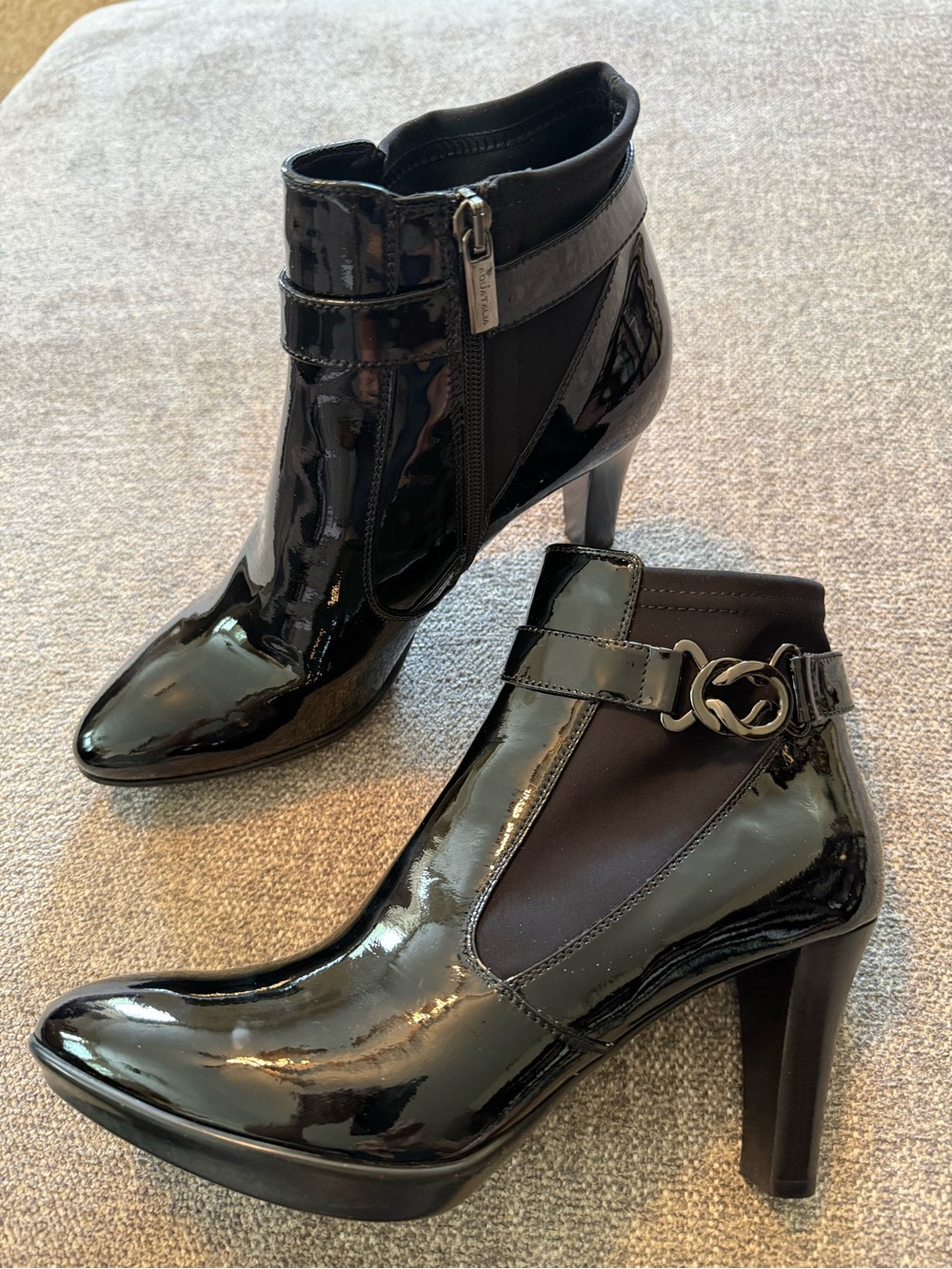 Italian Aquatalia Black Patent Leather Ankle Boots with Decorative Buckle - Wome